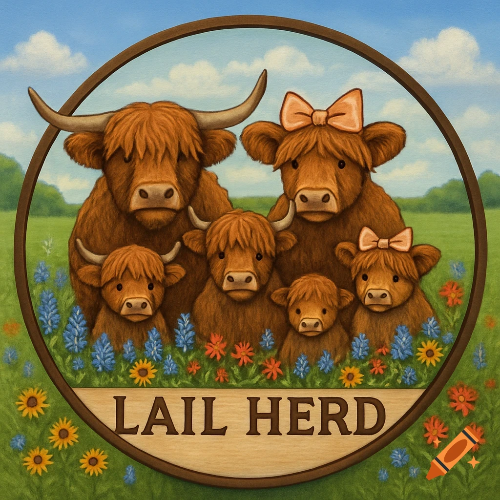 Stylized illustration of a Highland cow family in a round frame, standing in a pasture with wildflowers. A sign says LAIL HERD.