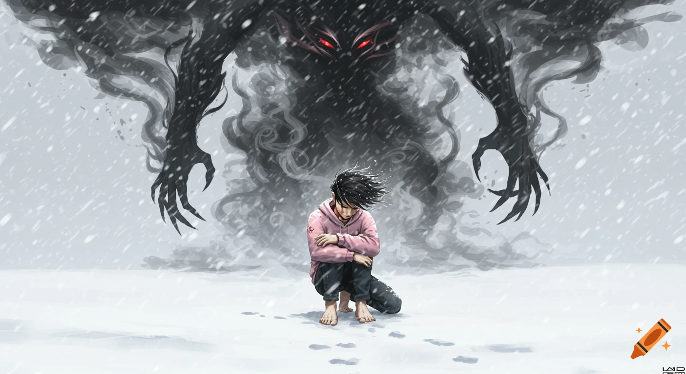 A small figure crouches in the snow, threatened by a large smoky creature.