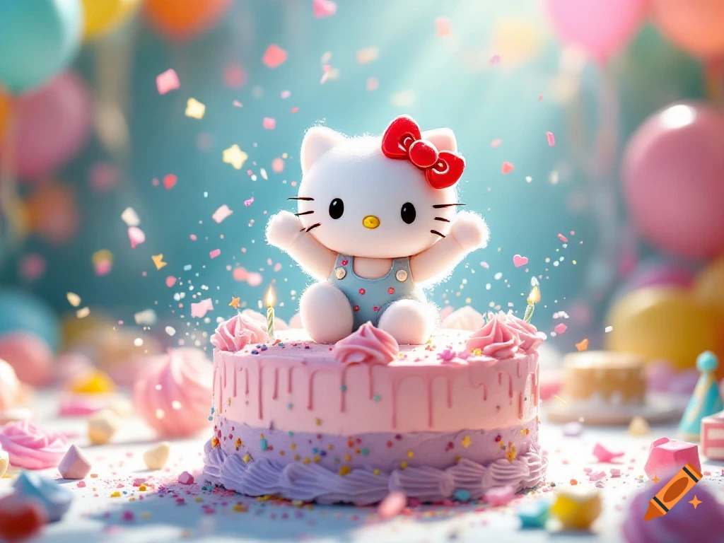 Hello Kitty sits on a pink and purple birthday cake with candles, confetti, and balloons. Whimsical cartoon style.