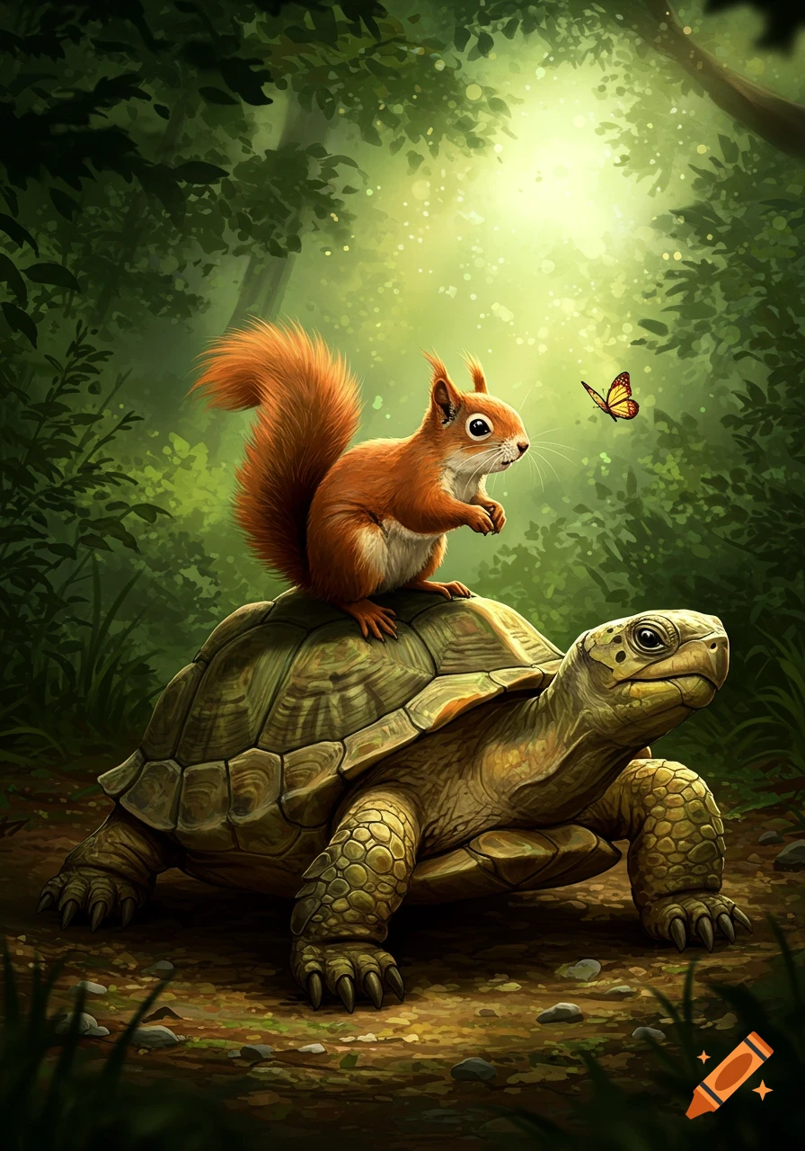 A squirrel riding a turtle through a sunlit forest, with a butterfly nearby.