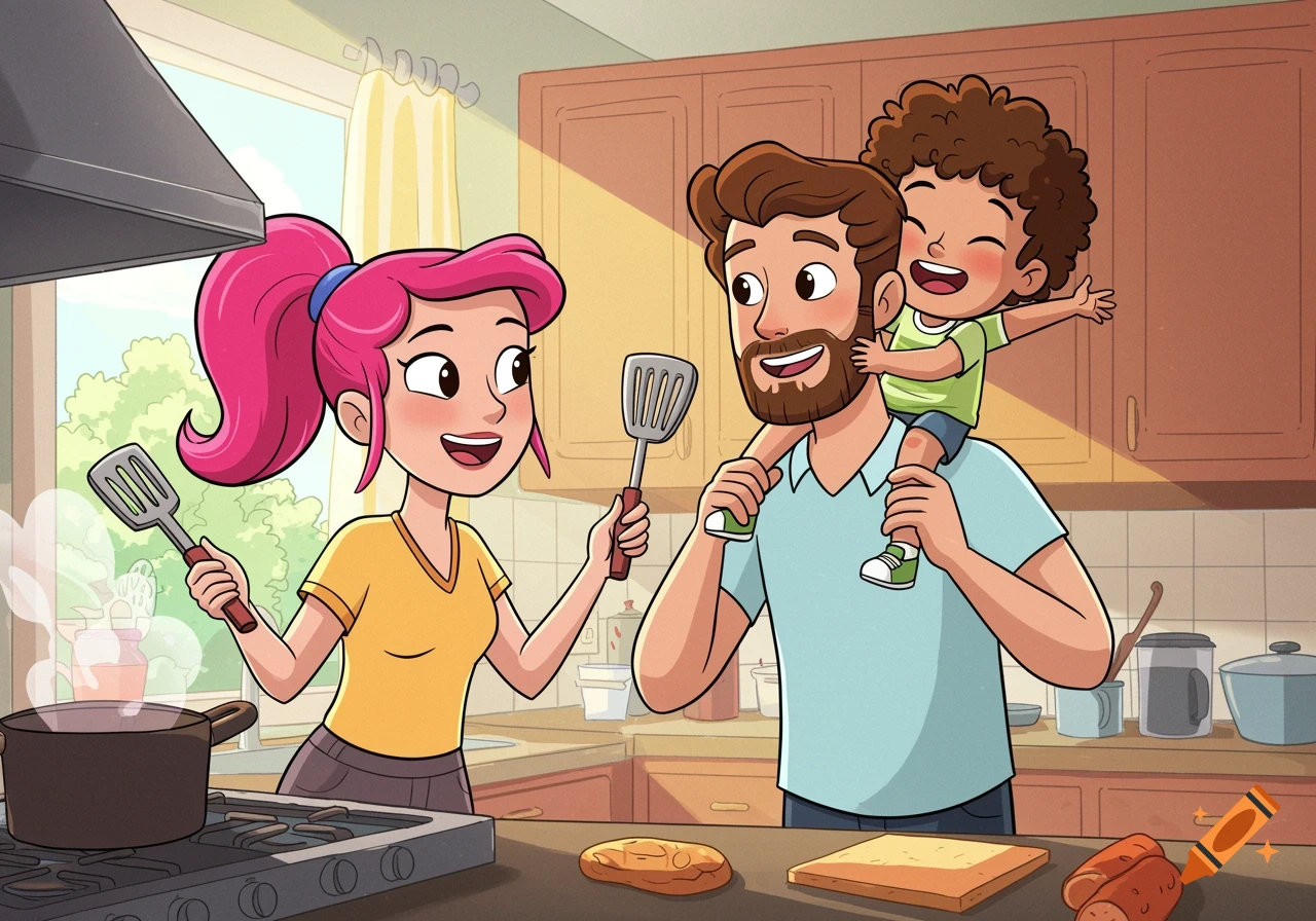 A whimsical cartoon shows a mother and father cooking with their son on the father's shoulders in a bright kitchen.