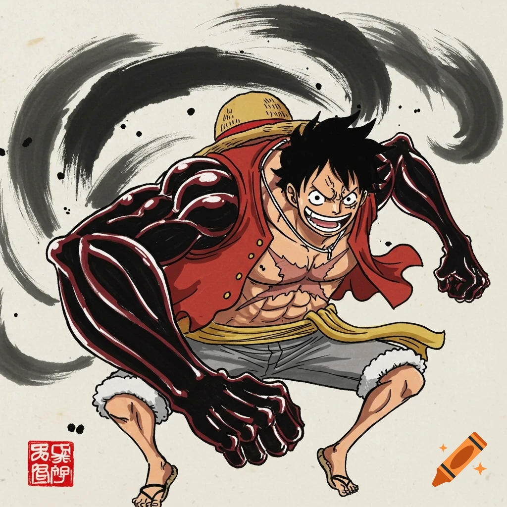Luffy from One Piece in a dynamic pose, with darkened arms, in a Japanese ink painting style.