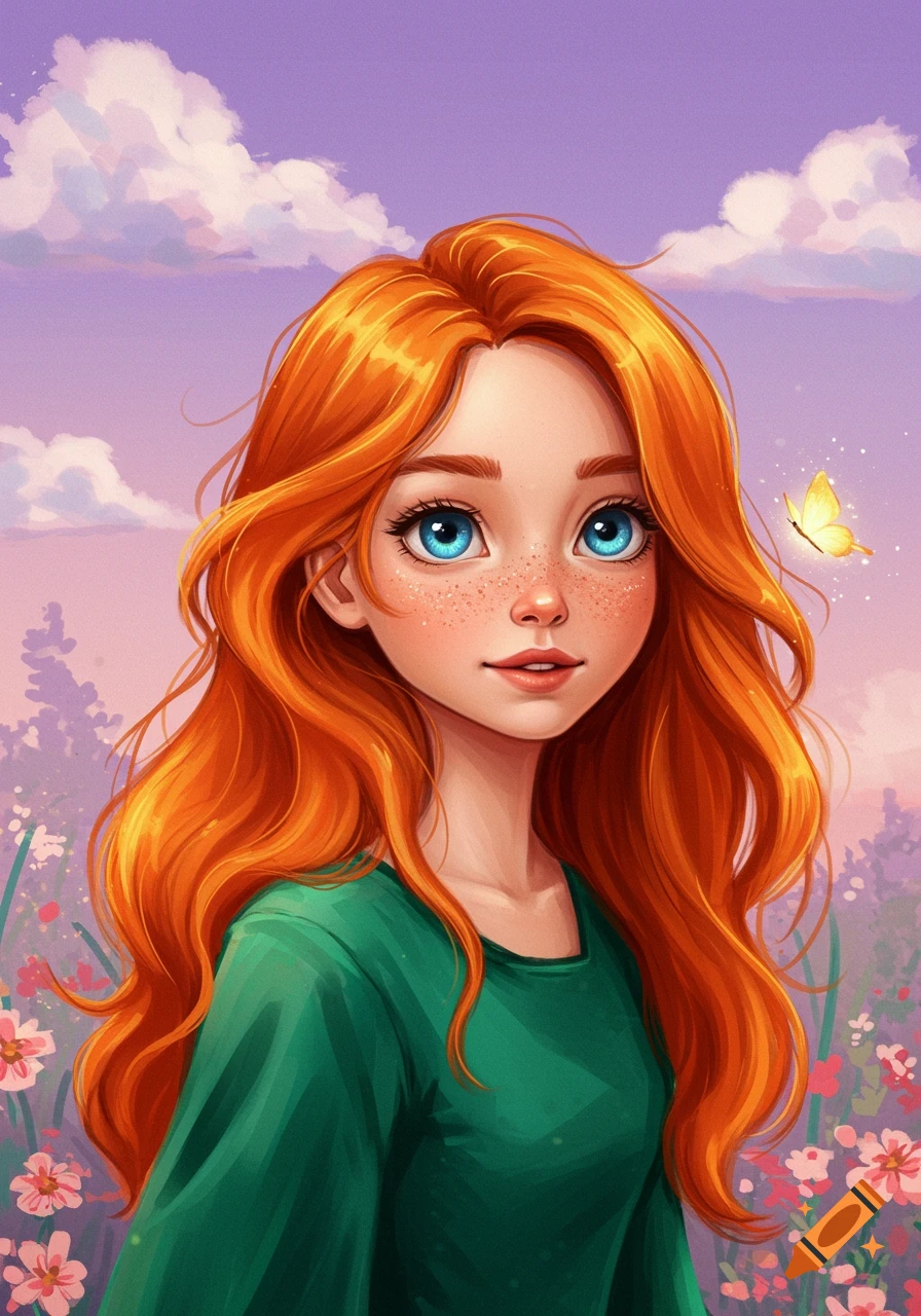 A red-haired girl with blue eyes in a whimsical fantasy setting with a butterfly.
