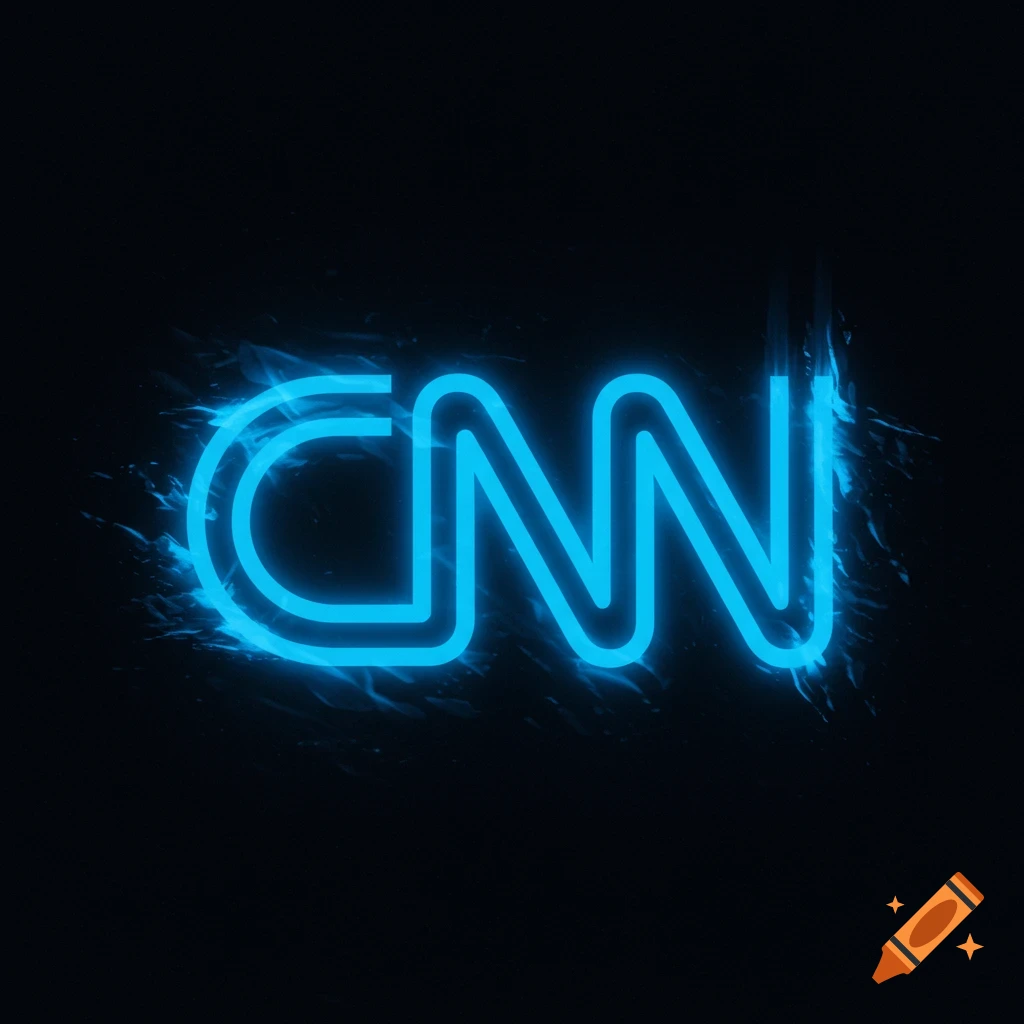 Blue neon sign of the CNN logo with glowing effects on a dark background.