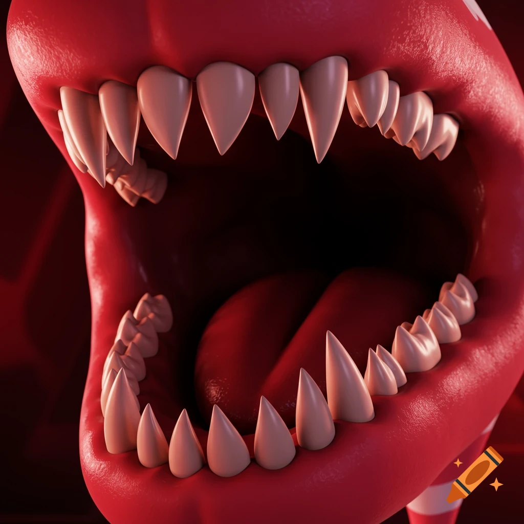 Close-up of a red monster mouth with many sharp teeth and a tongue.