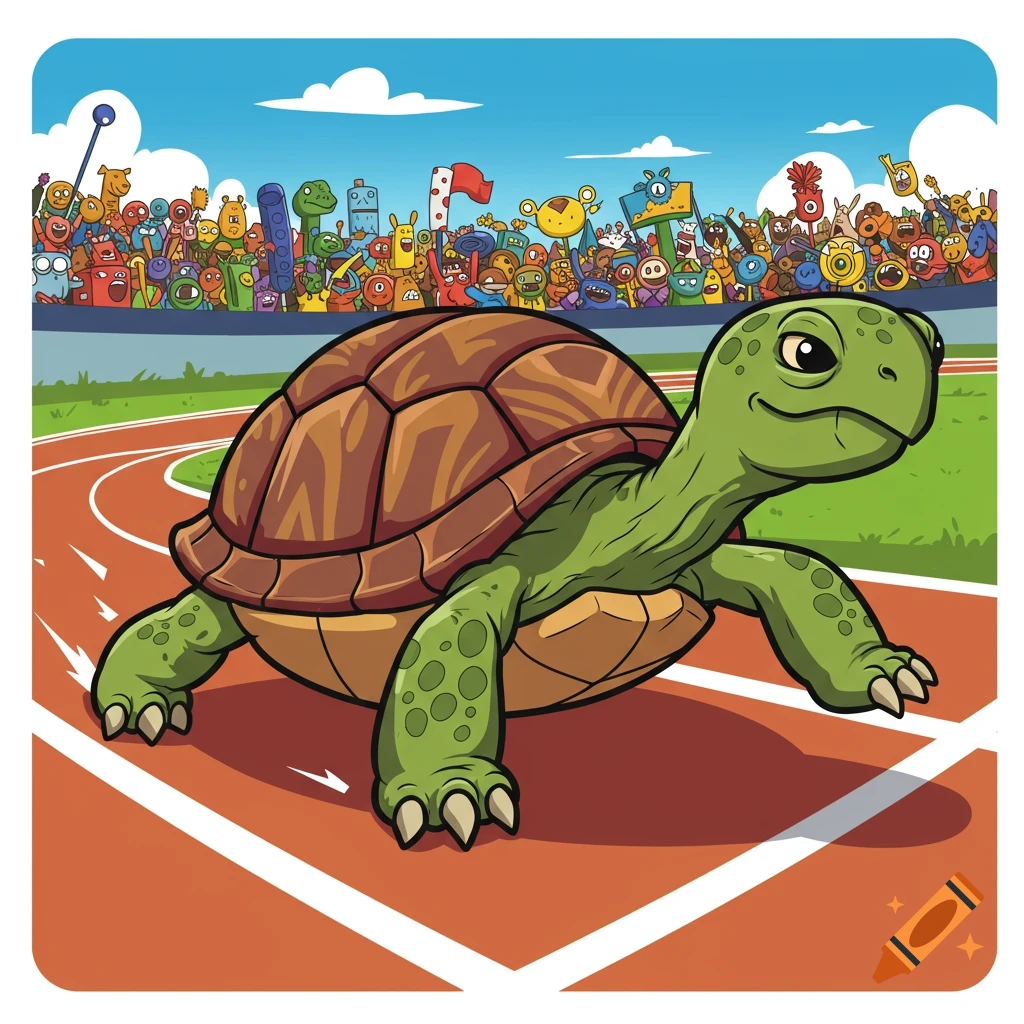 A red frog in a red running outfit races against other cartoon animals ...