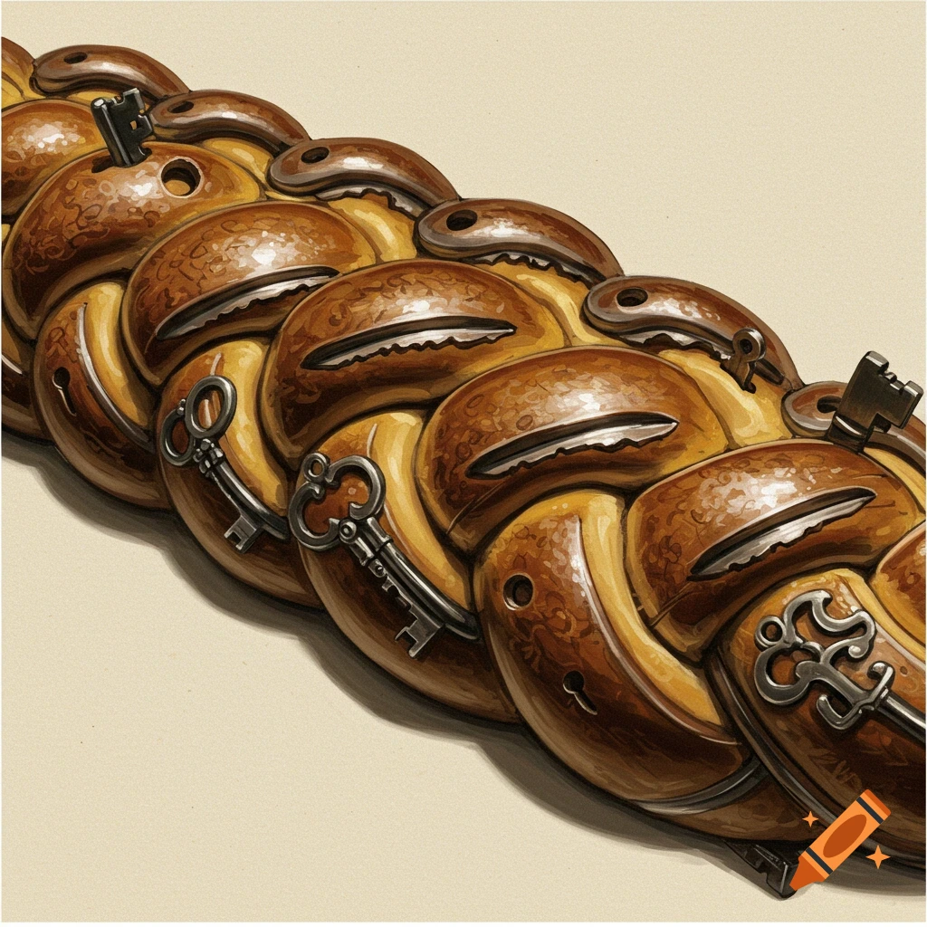 A braided loaf of bread is made entirely out of metal keys.
