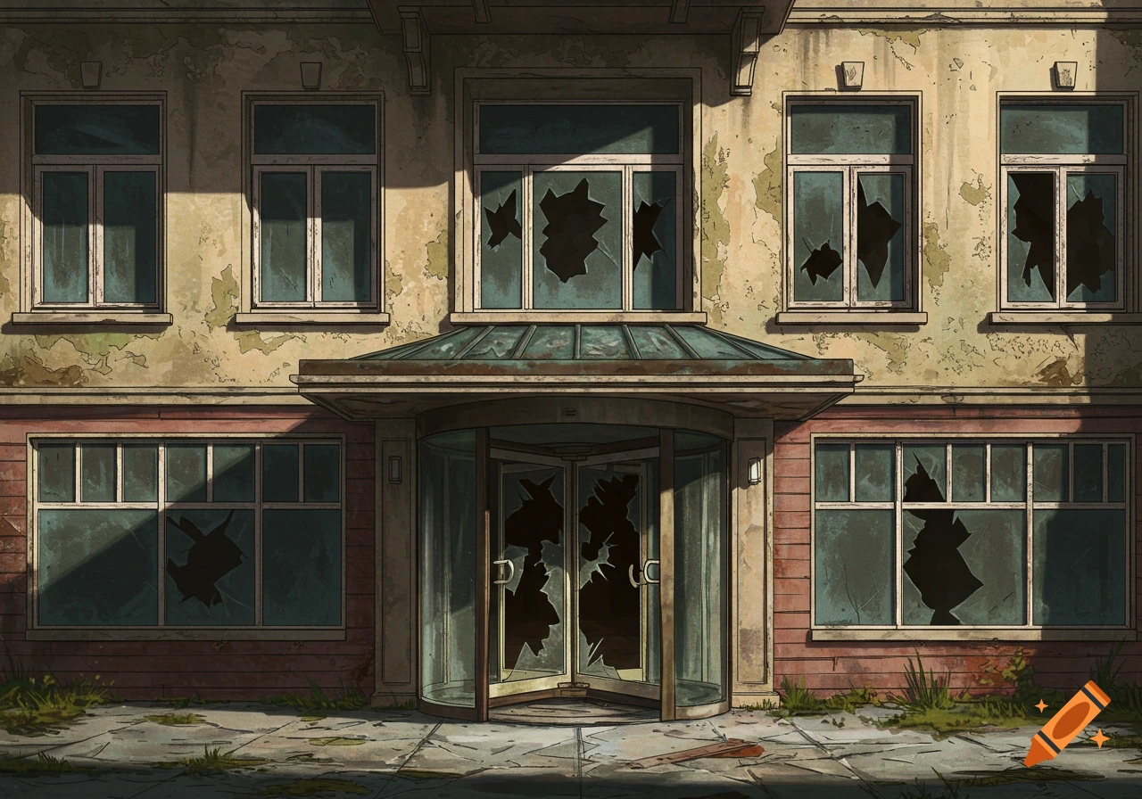 An abandoned hotel with broken windows and a damaged revolving door.