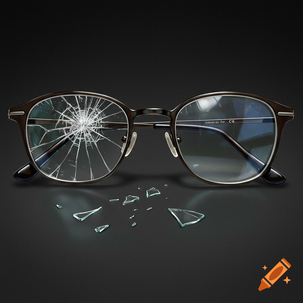 A pair of broken glasses with one cracked lens and shards of glass scattered below.