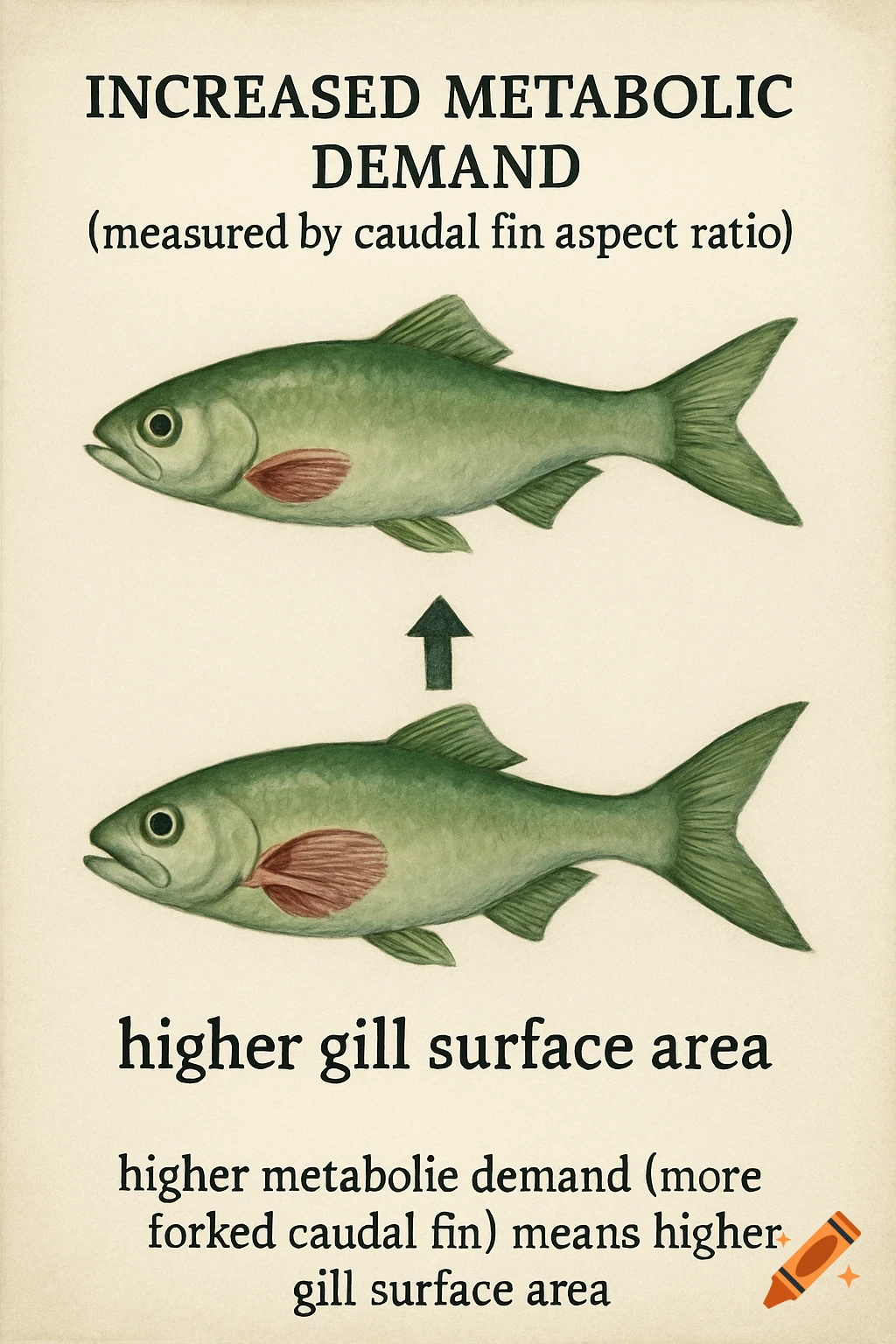 Diagram of two fish with text explaining that increased metabolic demand correlates with higher gill surface area.