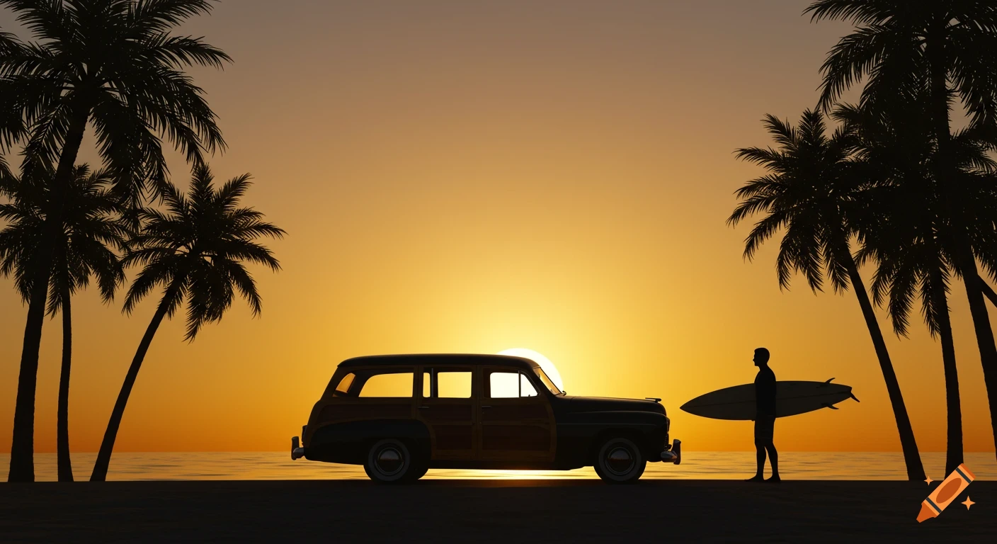 Silhouette of a woodie station wagon, palm trees, and a surfer on a beach at sunset.
