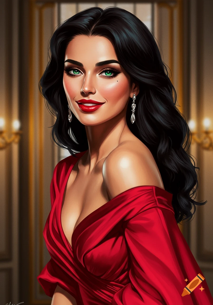 A woman with dark hair and green eyes wearing a red dress and diamond earrings.