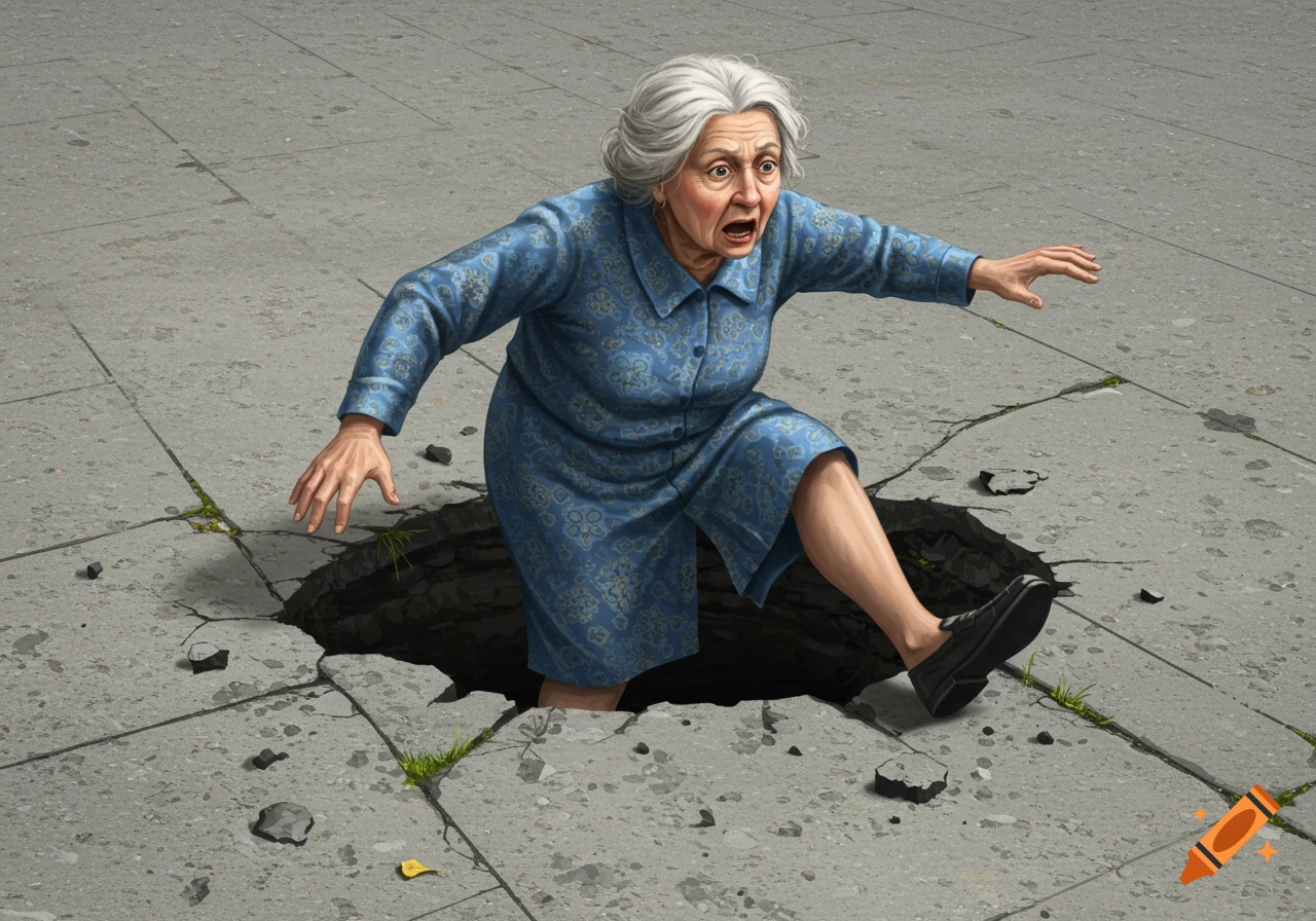An old lady is falling into a hole in the pavement with a surprised expression.