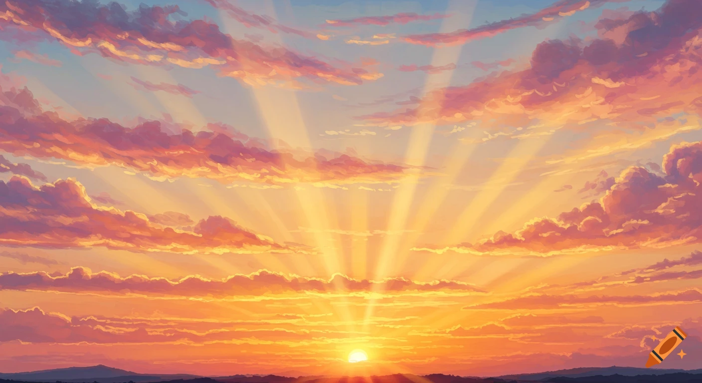 A vibrant sunrise with rays breaking through colorful clouds over a landscape.
