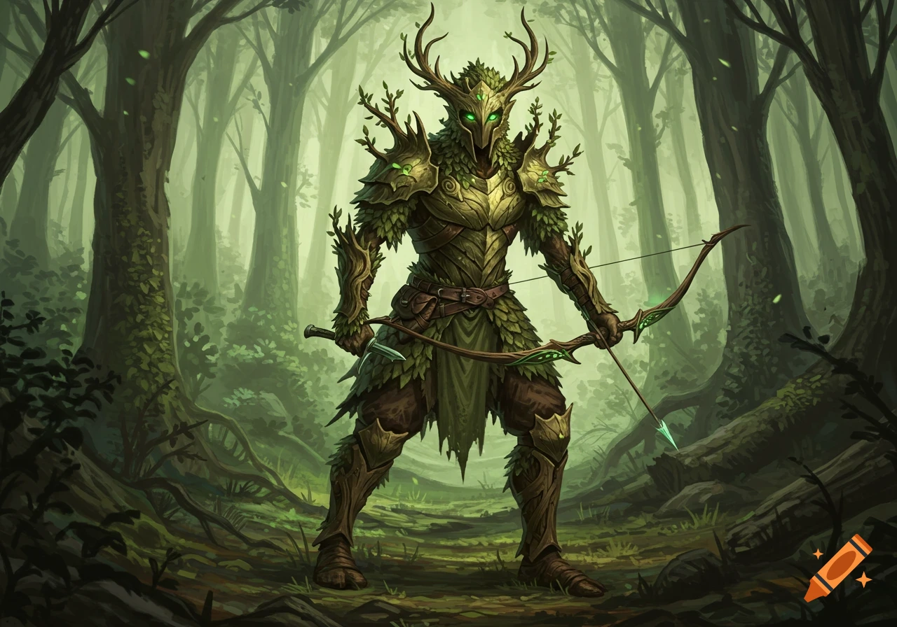 A fantasy forest guardian in bark and leaf armor with antlers holds a bow.