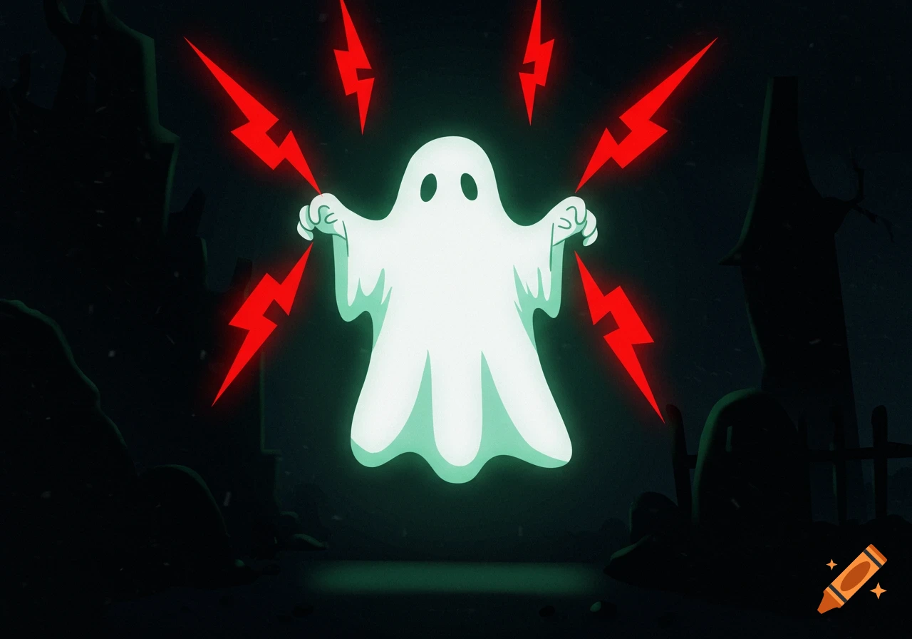 Cartoon ghost holding red lightning bolts in a dark setting.