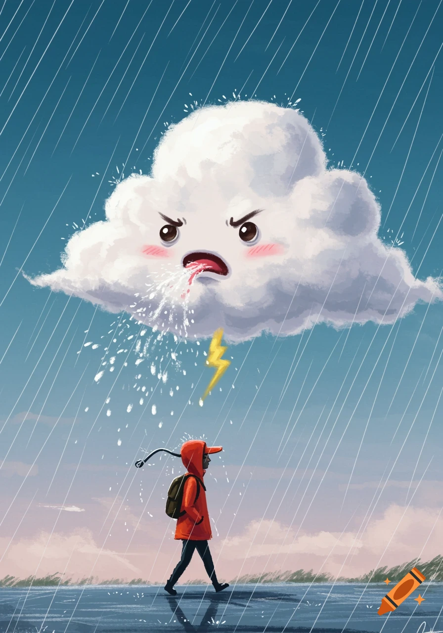 Illustration of an angry cartoon cloud spitting rain on a person walking below.