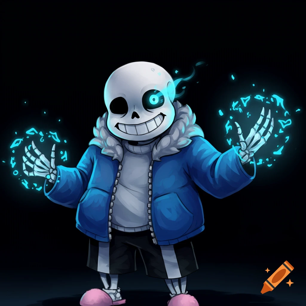 Painting of the skeleton character Sans from Undertale casting blue magic.