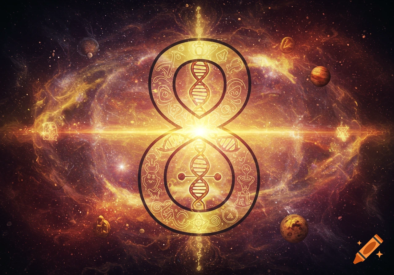 A glowing number 8 symbol with DNA strands inside, surrounded by abstract esoteric symbols, planets, and stars in a cosmic scene.