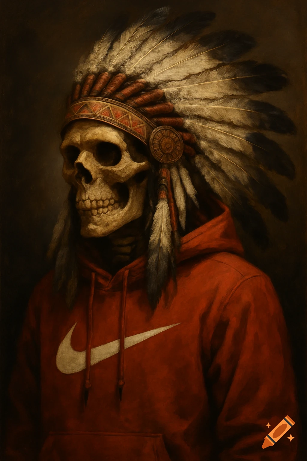 A skeleton in a Native American headdress and red Nike hoodie