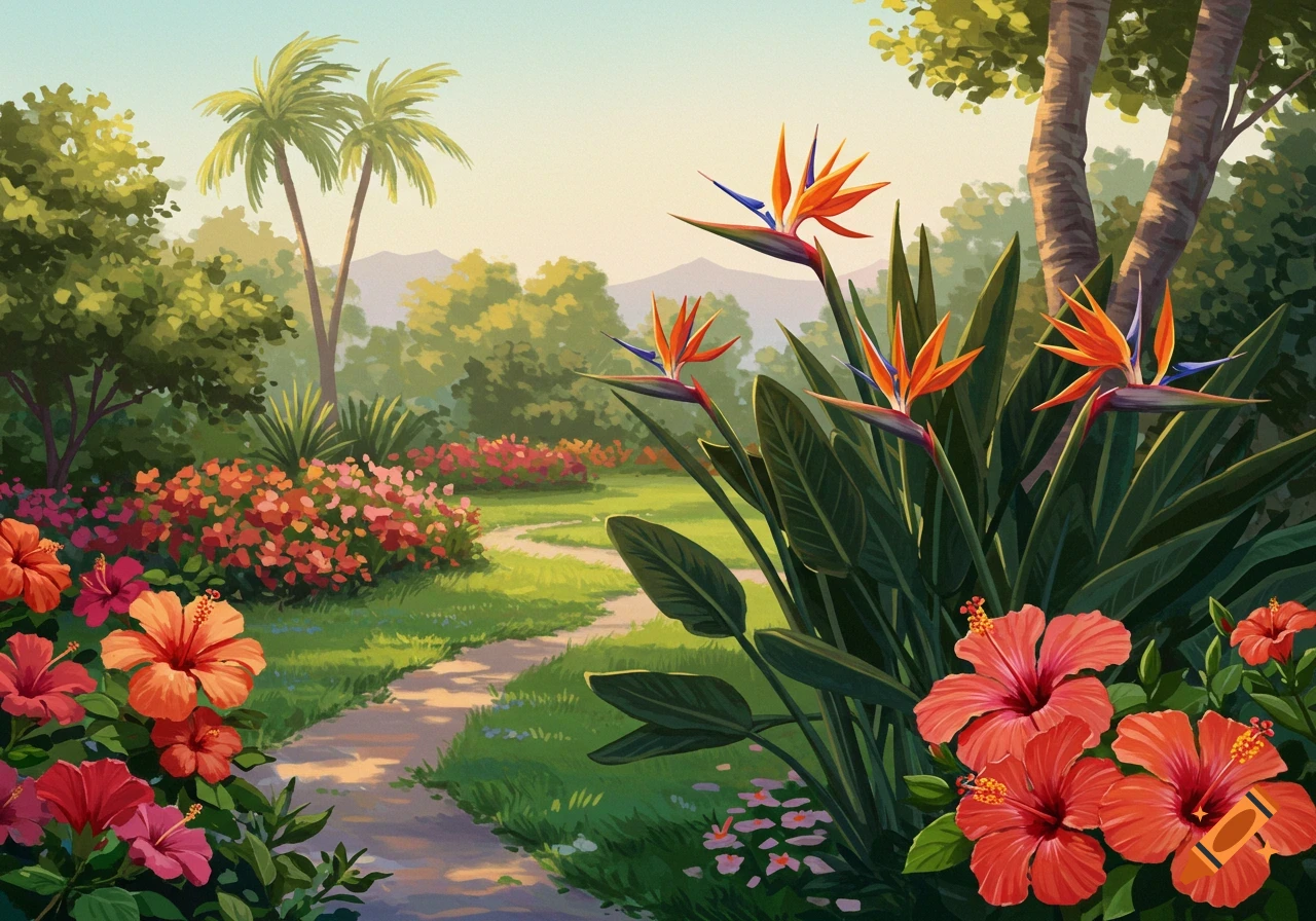 A tropical garden path with hibiscus, birds of paradise, and palm trees.