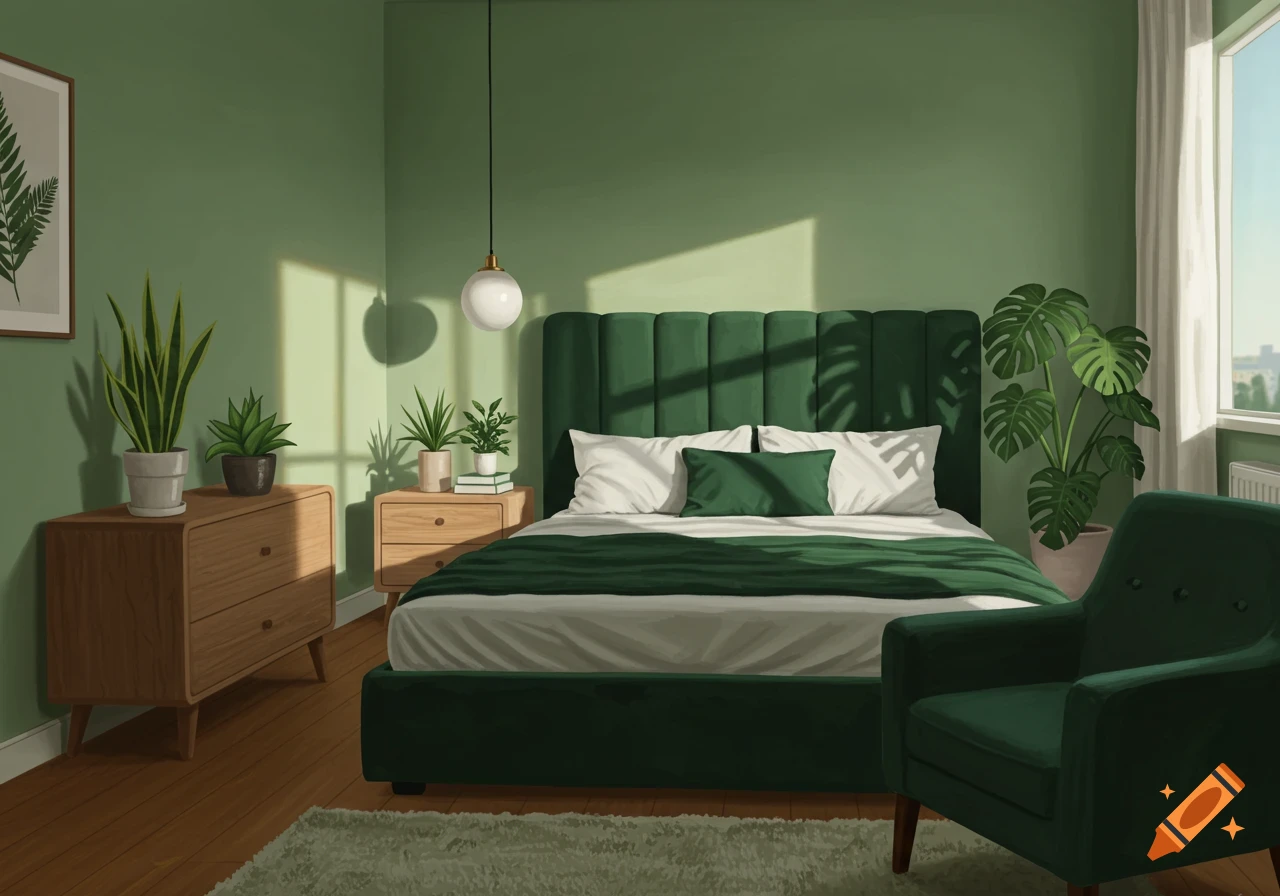 Green bedroom with a large bed, plants, and sunlight