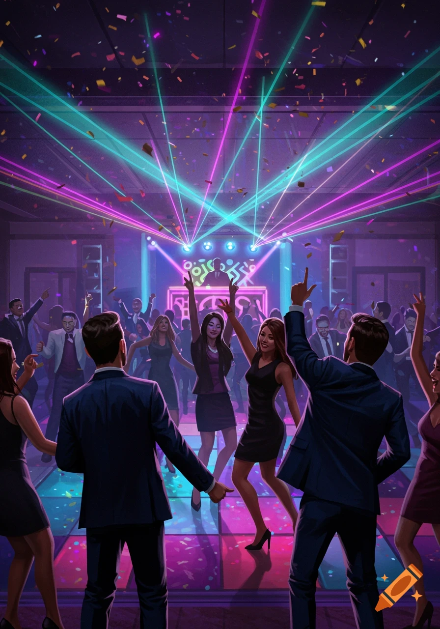 People dance under laser lights and confetti at a corporate party