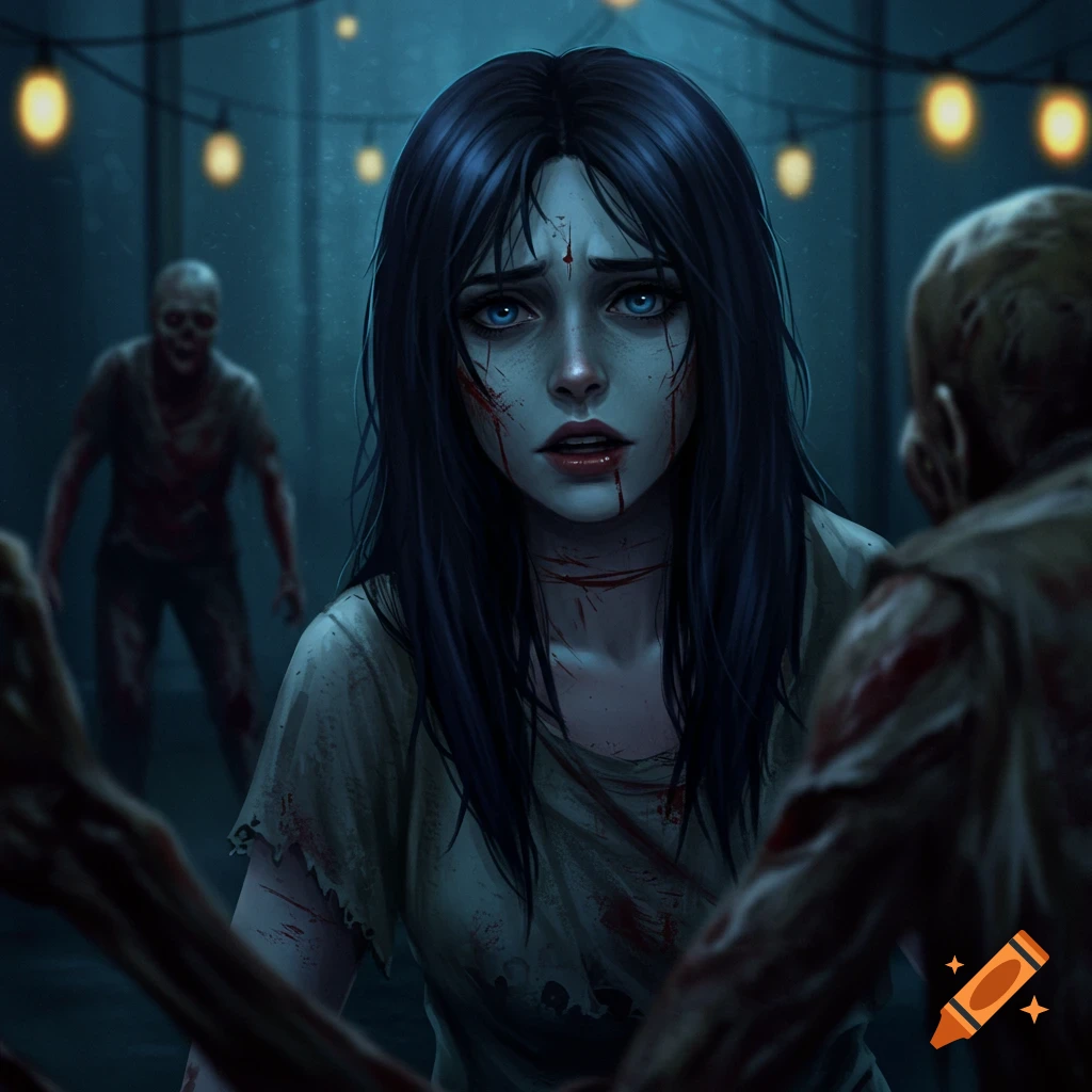A girl with dark hair and cuts on her face looks distressed, surrounded by blurry zombie-like figures in a dark setting.