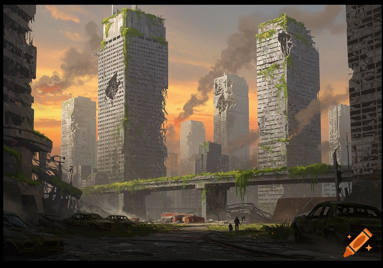 A ruined city with crumbling skyscrapers and overgrown vegetation under an orange sky.