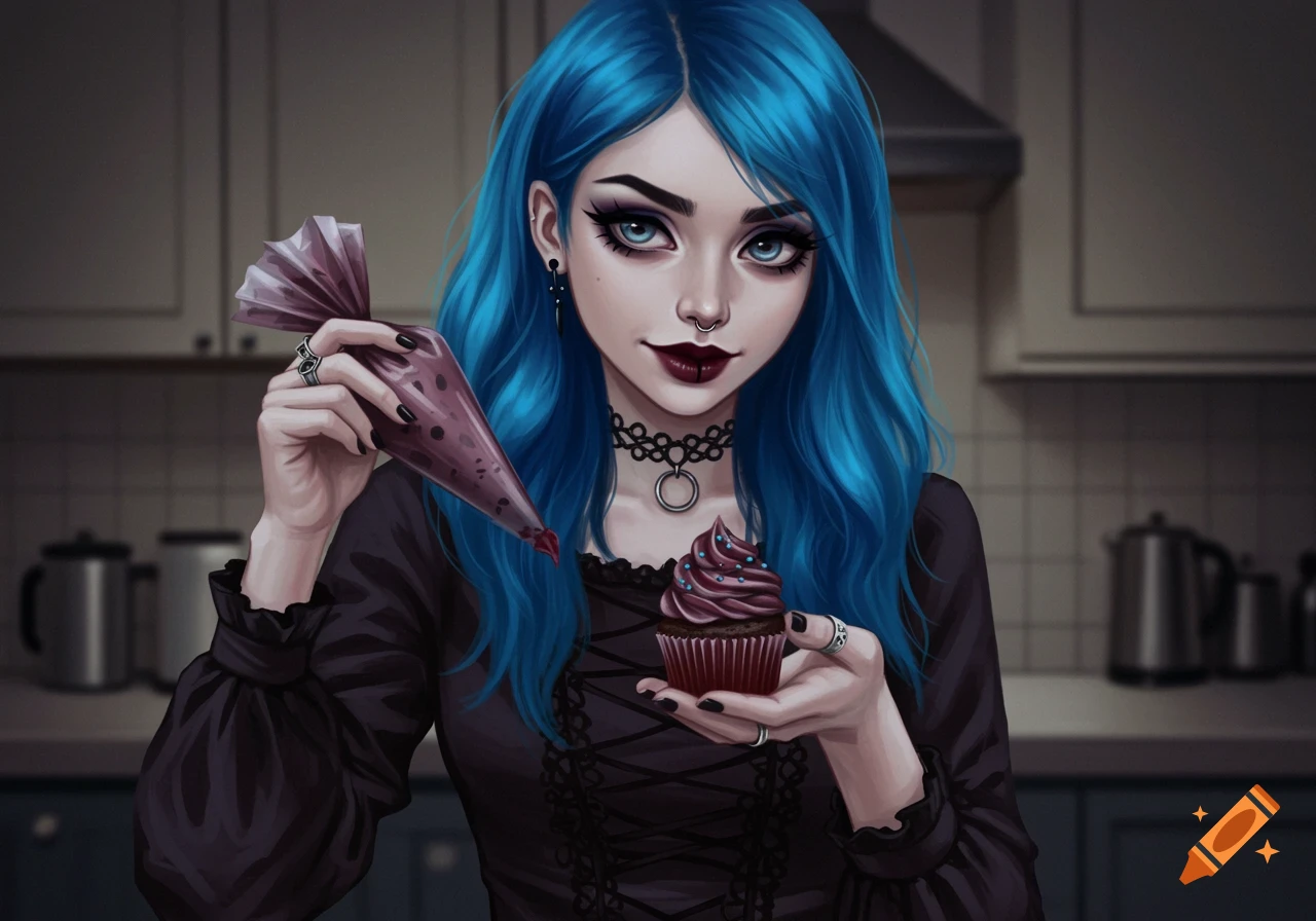 Gothic style image of a girl with blue hair frosting a cupcake in a kitchen.
