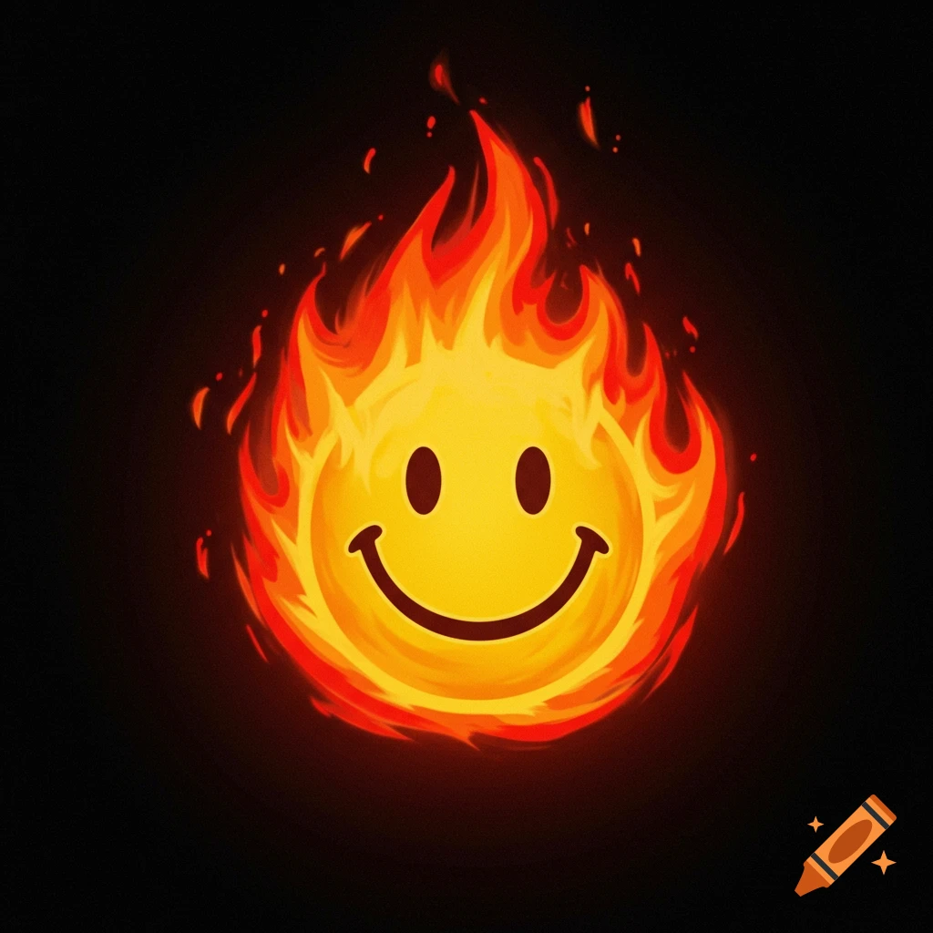 A yellow smiley face surrounded by orange and red flames on a black background.