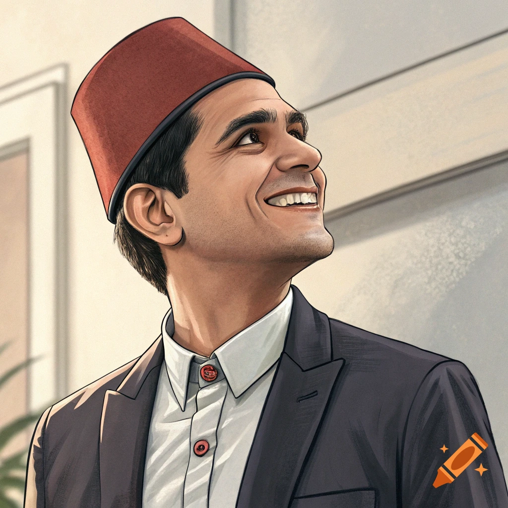 An illustration of a man smiling while wearing a fez hat and suit.