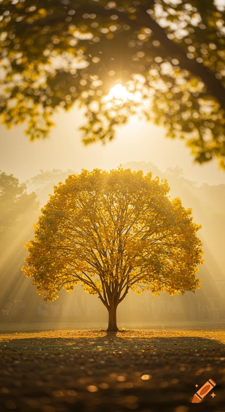 Golden tree in a field bathed in morning sunlight