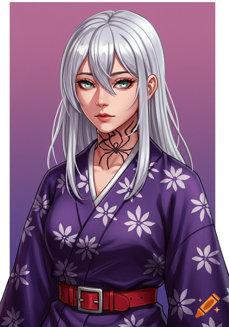 An anime woman with silver hair, green eyes, spider neck tattoo, purple kimono, and red belt.