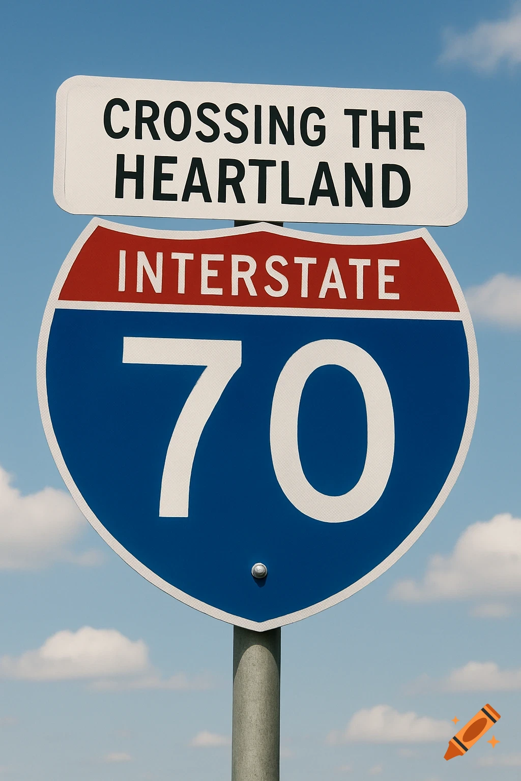 Close-up photo of an Interstate 70 sign and a sign reading 'Crossing the Heartland' against a blue sky.