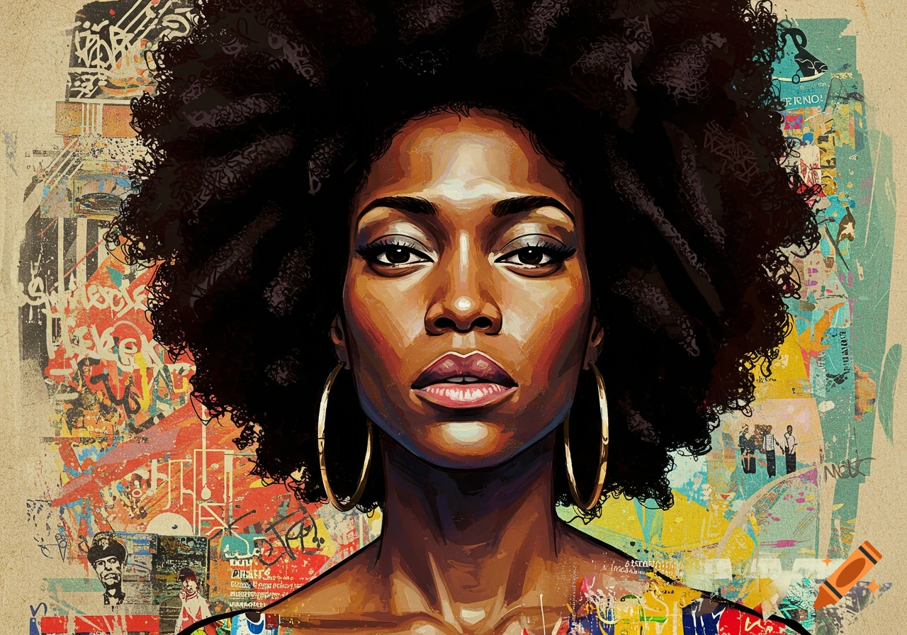 Portrait of a Black woman with afro and hoop earrings against a vibrant abstract collage background.