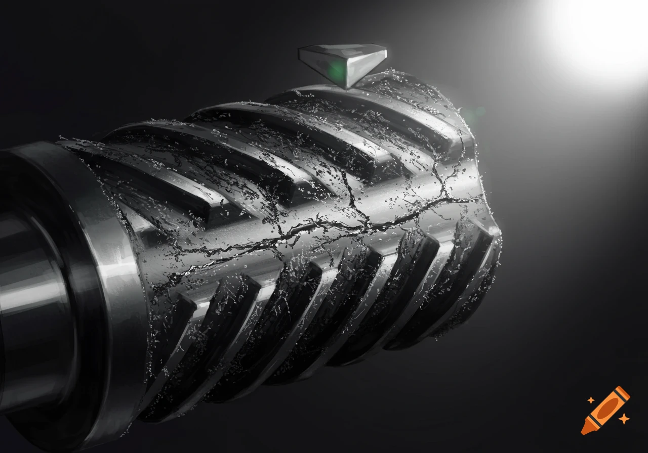 A close-up of a metal gear splattered with liquid, under dramatic lighting.