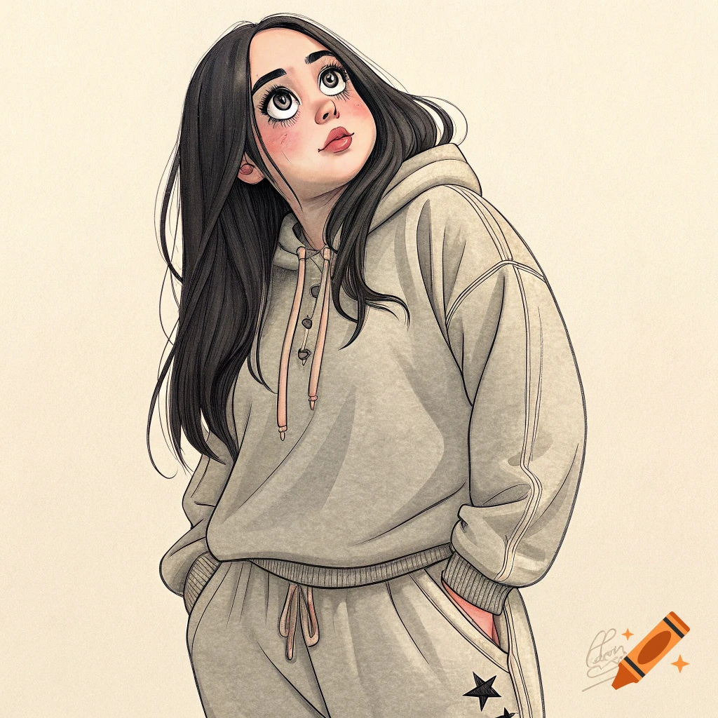 Illustration of a young woman in a grey tracksuit looking up.