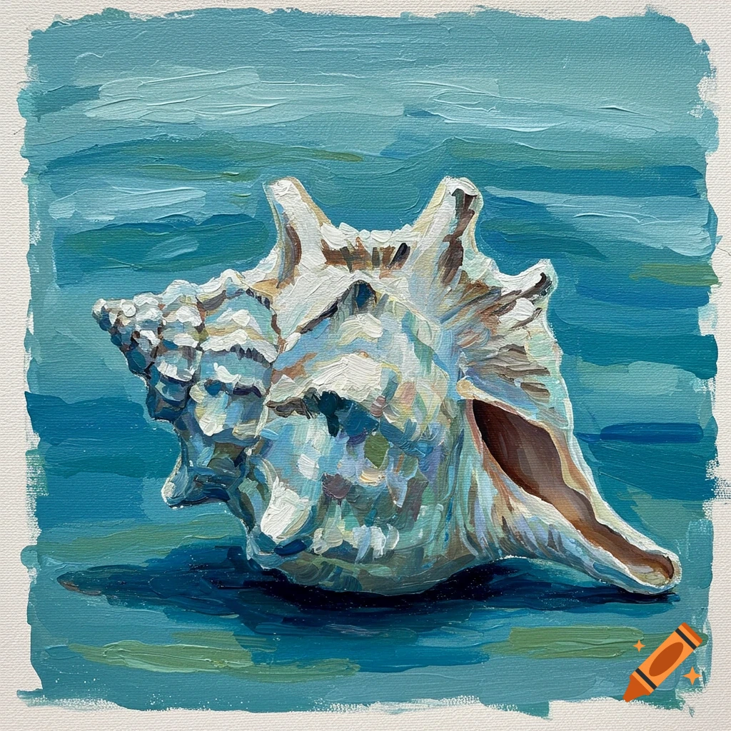 An acrylic painting of a seashell on paper.