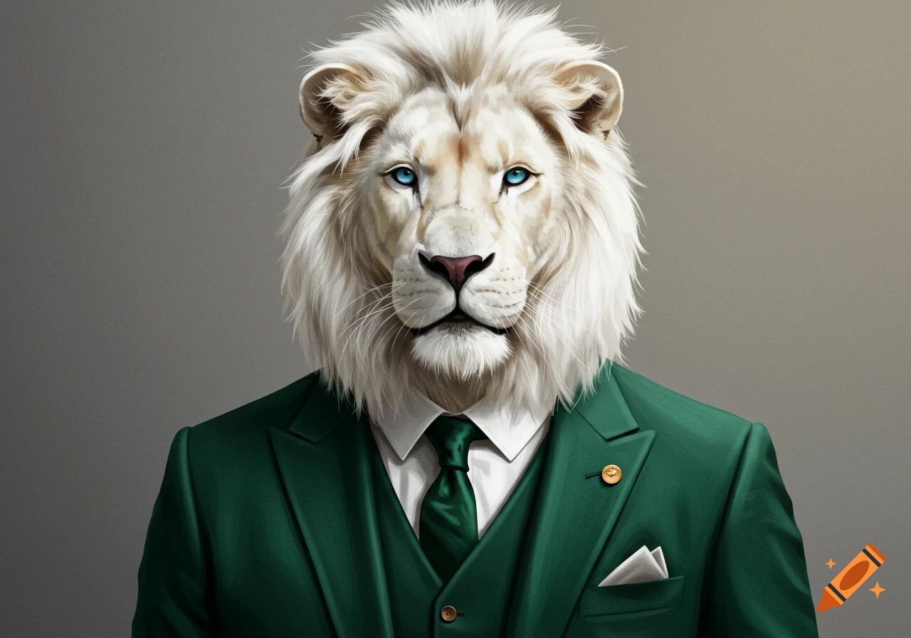 A white lion wearing a green suit and tie