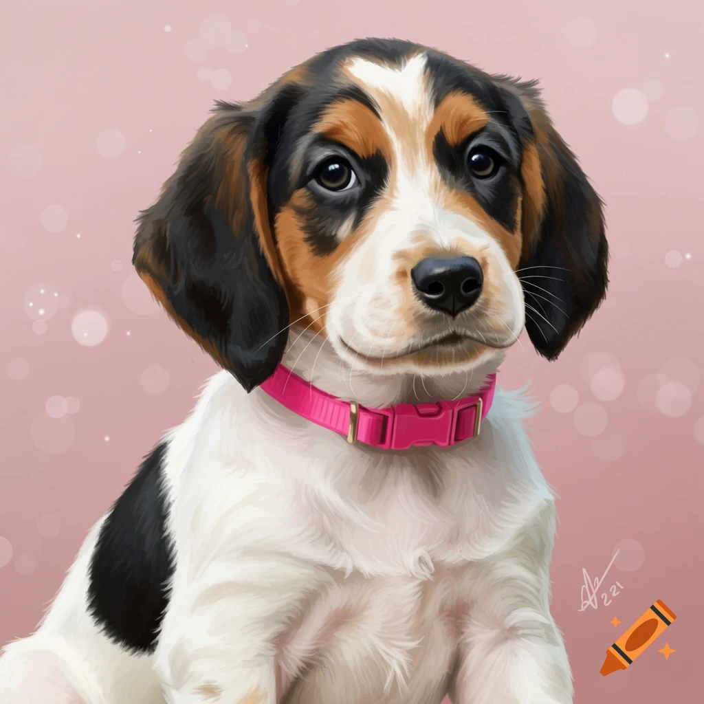 Tri-color Foxhound puppy with a pink collar against a pink background.