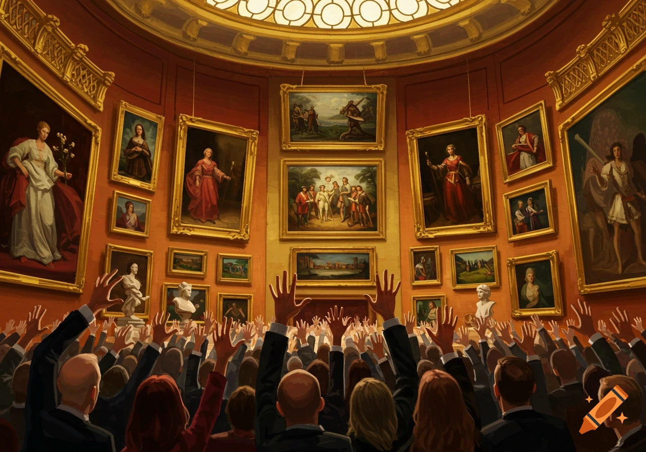 A crowd raising their hands during an art auction in a grand gallery.