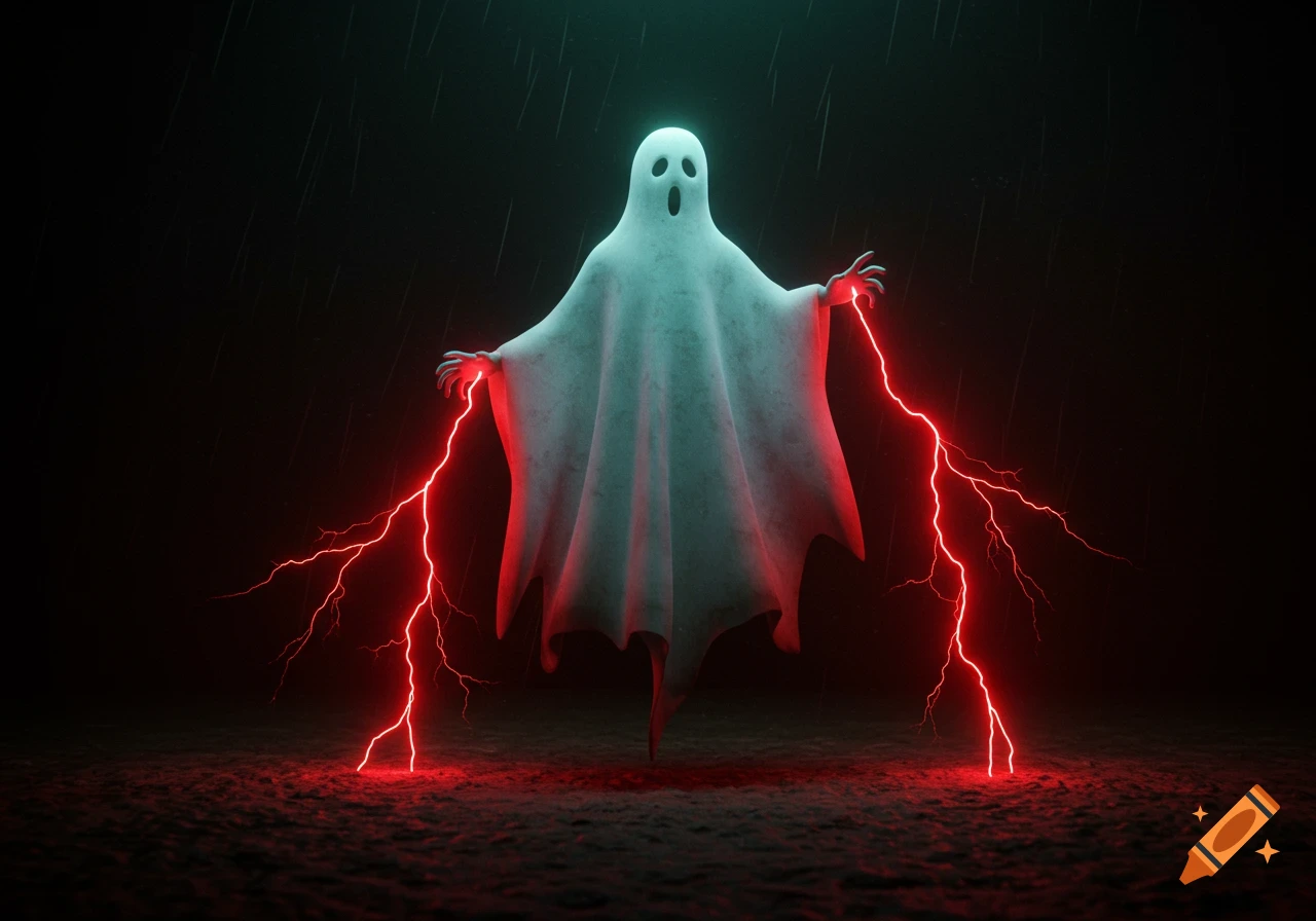 A white spooky ghost with glowing green edges holding red lightning in a dark, rainy scene.