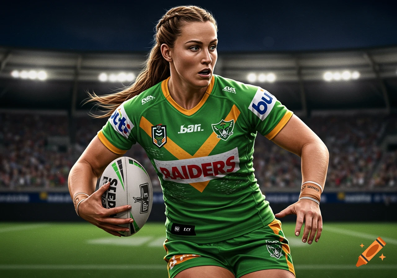 A female rugby league player in a green Canberra Raiders uniform holding a ball.