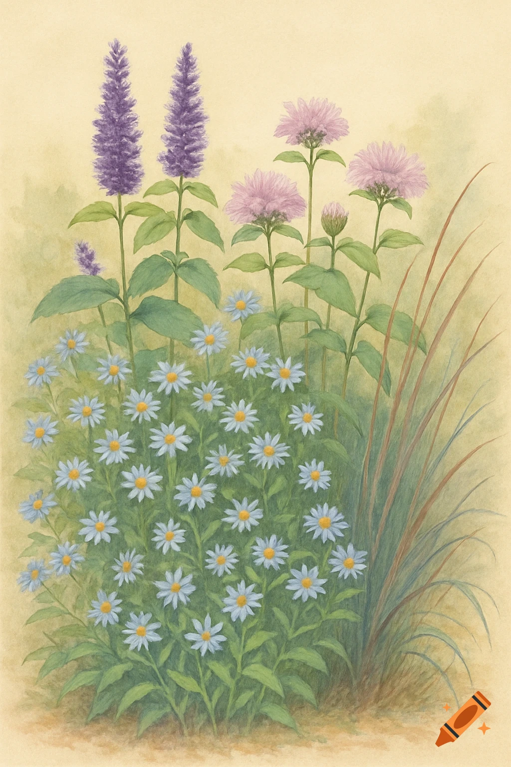 A botanical illustration of purple giant hyssop, pink wild bergamot, blue asters, and grass.