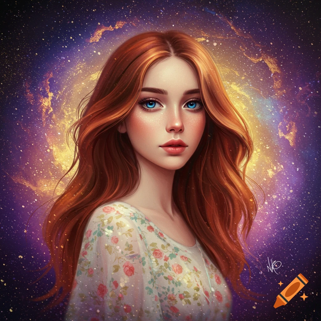 A woman with long red hair and blue eyes is depicted against a starry space background.