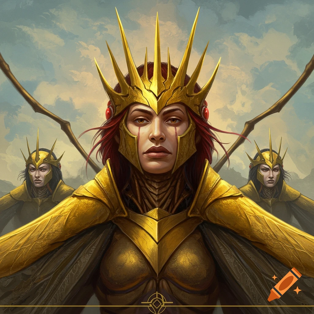 Epic painting of armored figures with golden crowns and cloaks under a cloudy sky.