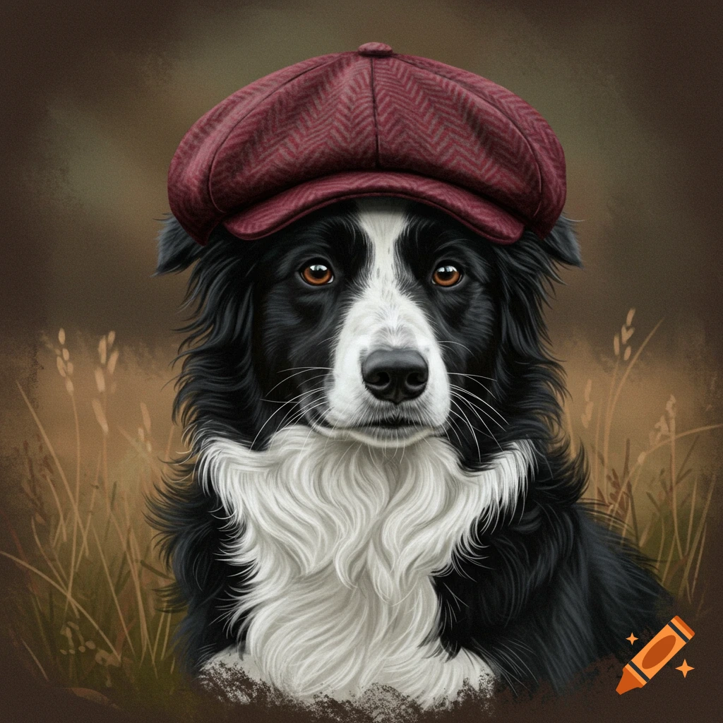 A Border Collie dog wears a red flat cap in a field.