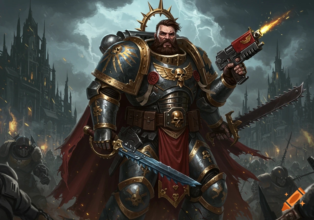 A bearded Warhammer Space Marine in dark power armor holding a bolt pistol and chainsword in a battle