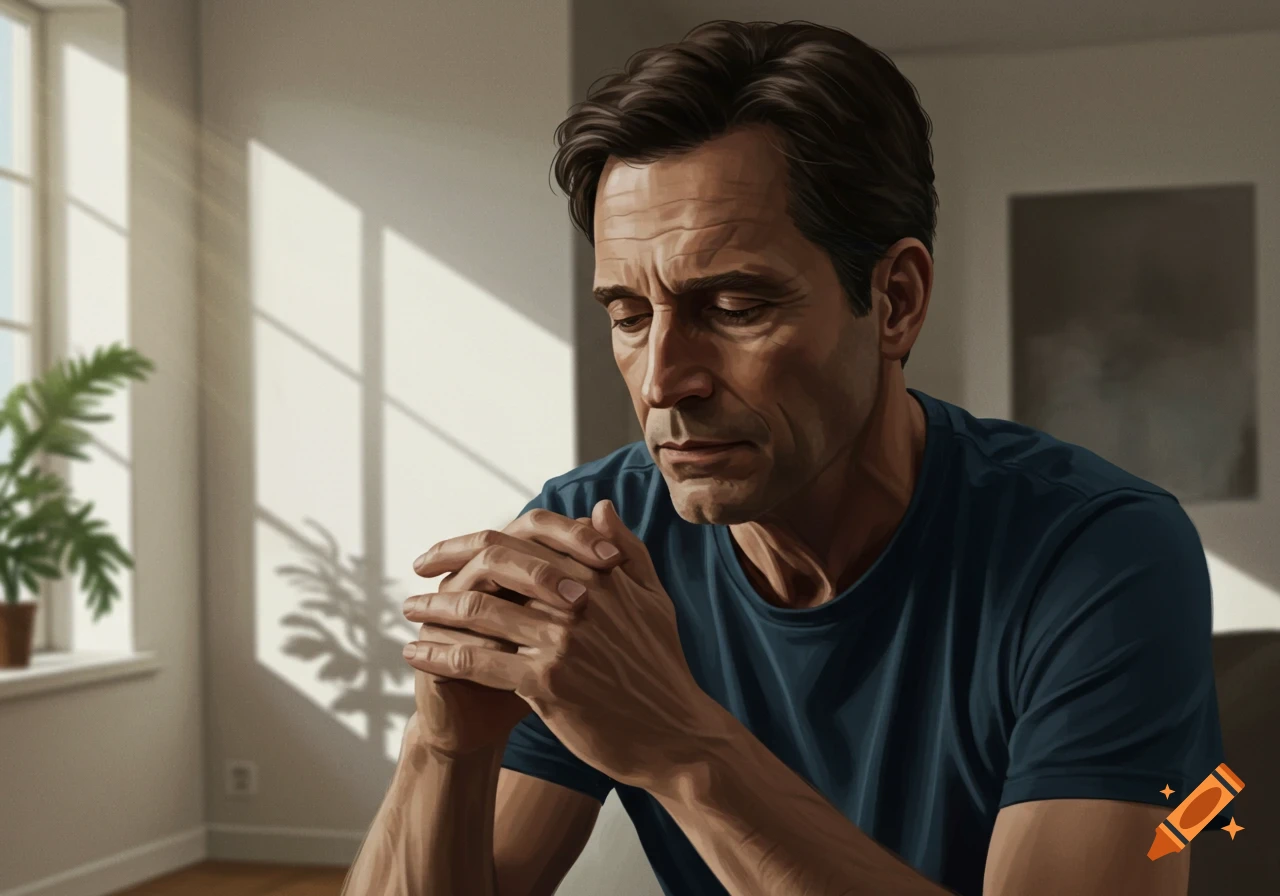A man looking down in reflection, hands clasped, with sunlight streaming through a window.